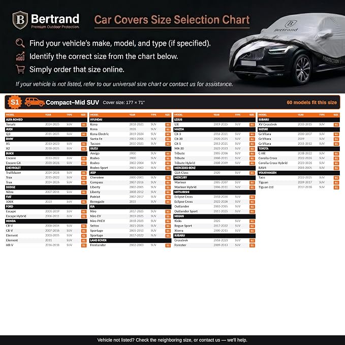 BERTRAND Heavy Duty SUV Car Cover Waterproof All Weather - Snow, Rain & UV Outdoor Protection | Cotton-Lined, Up to 10-Point Anchoring + Zipper Access | Compact-Mid SUVs, Silver-Black (177x71, S1)