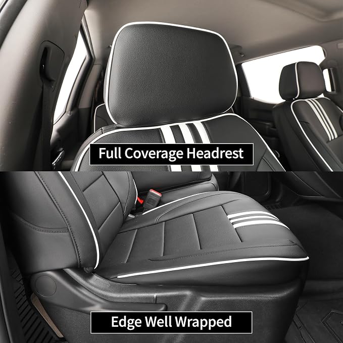 EKR Silverado Seat Covers Custom Fit for (Crew Cab) 2014 2015 2016 2017 2018 Chevrolet Silverado 1500 & HD 2500/3500 WT/LS/LT/LT/High Country/Custom,Faux Leather (Black with White Trim)