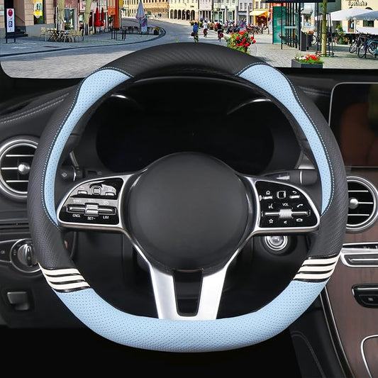 15 inch Cute Leather D Shape Steering Wheel Cover Black Blue | Breathable Faux Leather and Carbon Fiber Flat Bottom Car Accessories for Women Men Universal 14.5 inch to 15 inch
