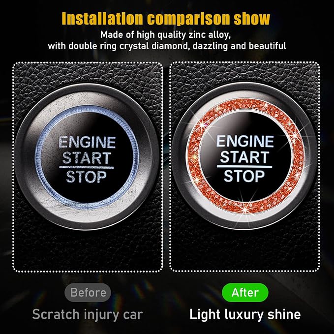 Kewucn Bling Crystal Double Rhinestone Car Engine Start Decoration Ring, Sparkling Push Start Button Sticker, Key Ignition & Knob Ring Decoration, Bling Car Interior Accessory (Orange)
