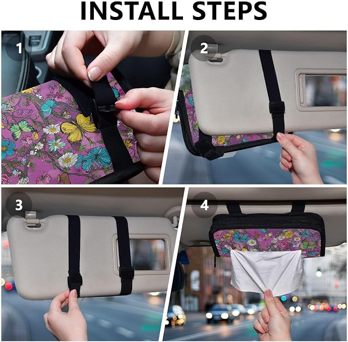 Car Visor Tissue Holder Mask Holder for Car, Car Tissue Box Sun Visor Napkin Holder Car Visor Accessories Adjustable Straps Reusable Durable Easy to Install Rose Flowers Butterfly Trees Purpl
