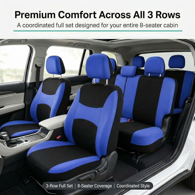 FH Group Universal Automotive Seat Covers 8 Seater Set | Light & Breezy Flat Cloth Washable Car Seat Cover for SUV, Sedan, Truck | Airbag Compatible Interior Upgrade - Blue/Black