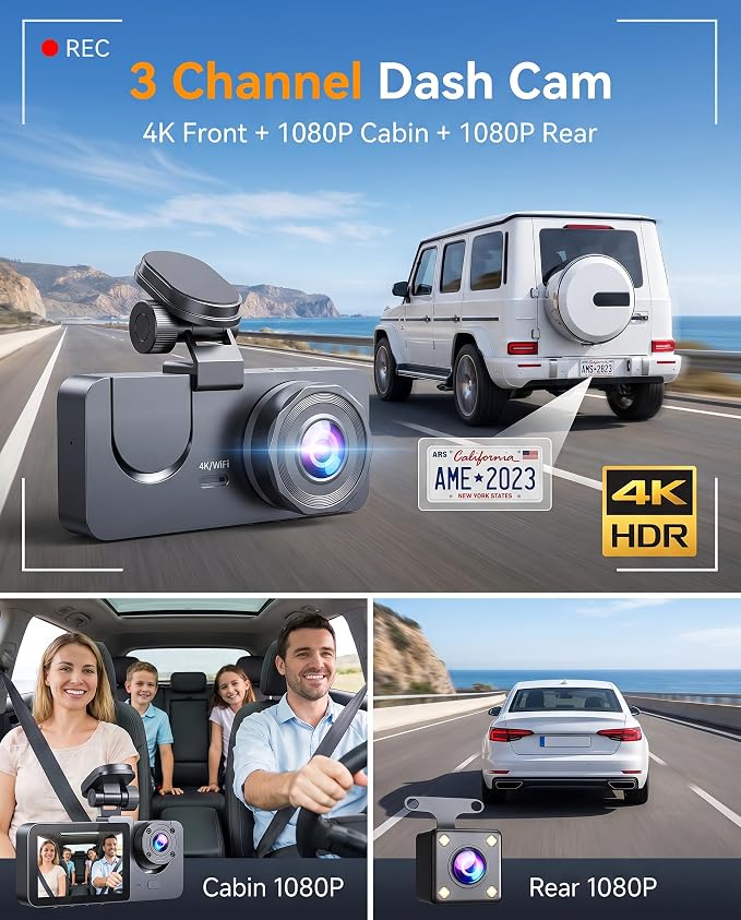 Dash Cam Front and Rear Inside, 4K Full HD 3 Channel Dash Camera for Cars, Free 32GB Card, Dashcam with 24H Parking Mode, Night Vision, G-Sensor, 170°Wide Angle, Loop Recording