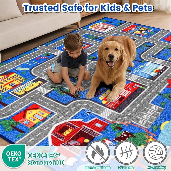 Kids Carpet Playmat Rug 78.7"x59", Car Rug for Kids Cars, Non-Slip Town City Road Map Kids Rugs for Playroom Bedroom Boys, Kids Cars Play Mat Track Road Rugs for Kid (78.7X59Inch,Blue)
