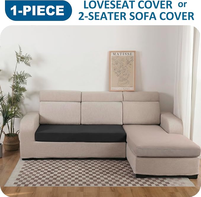 Waterproof Couch Cushion Covers, Stretch Sofa Seat Covers, Reversible Furniture Protector for Pets with Elastic Bottom, Washable(Loveseat Cushion, Black)
