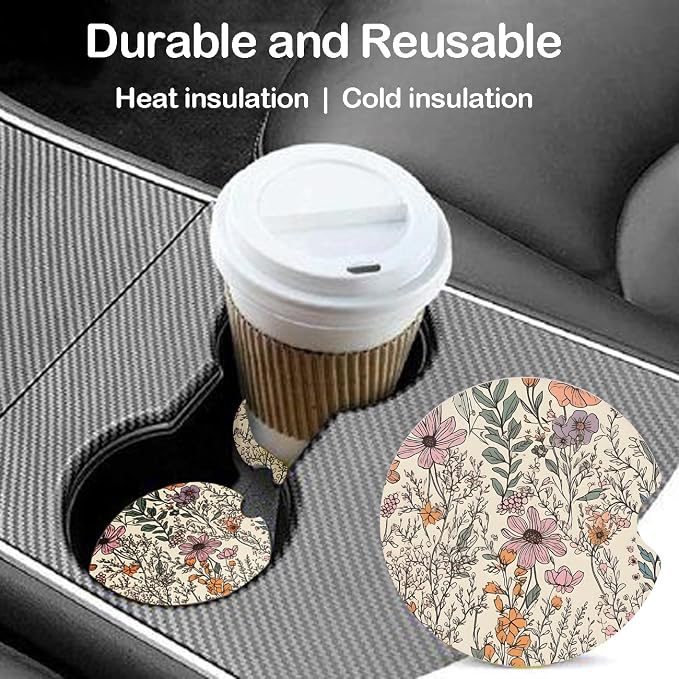 Ceramic Car Coasters – Absorbent Car Cup Holder Coaster Set for Women, Cute Aesthetic Car Accessories for Girls, 2 Pack (Sandstone)
