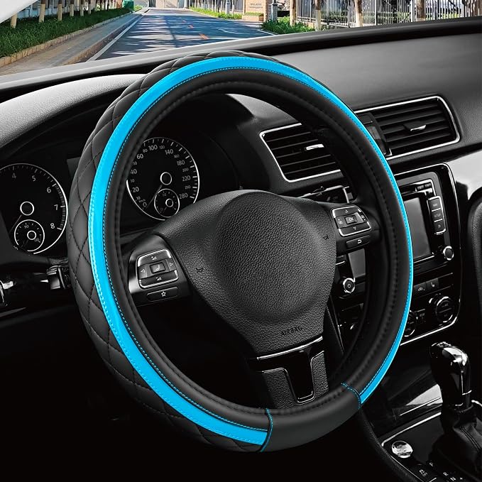 Road Comforts Leather Steering Wheel Cover – Black & Blue, Universal Fit 14.5-15 Inch, Microfiber Leather, Anti-Slip & Breathable Design for Men and Women