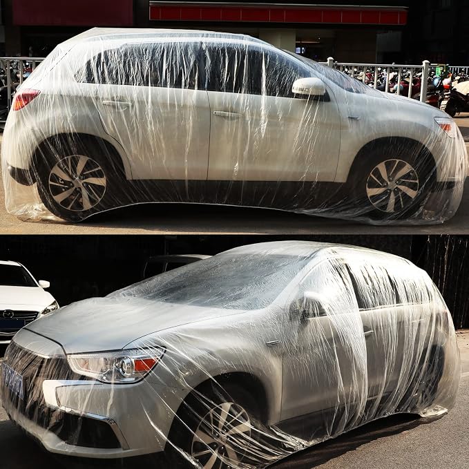 Tallew 4 Pcs Universal Plastic Car Cover 12. 5 x 21. 7ft Disposable Waterproof Full Exterior Cover with Elastic Band for Automobiles Sedan Outdoor Snow Rain Weather