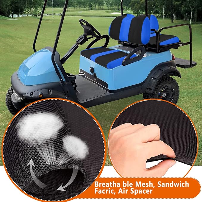 Golf Cart Front with Back Seat Cover Set for Club Car Precedent 4 Passenger Models Bench Seat Covers Kit Breathable Washable Polyester Mesh Cloth Blue