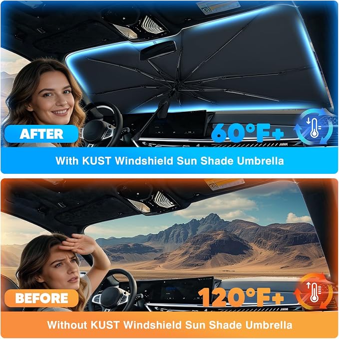 KUST Sun Shade Umbrella for 2021-2026 Ford F150 F-150 F 150 | Custom Fit Windshield Sunshade | Foldable Sunshade with Bendable Handle | Blocks Heat & UV Rays Keep Car Cool Sunshield