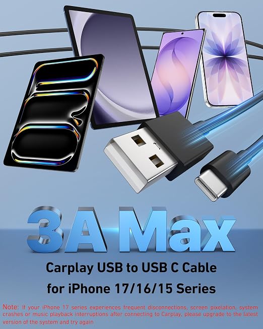 Car Carplay Cable for iPhone 17/17 Pro/Air/17e/16/15 Pro Max Charger Cord | 2Pack USB A to USB C for CarPlay USBC Cable, iPad, Galaxy, Android Phone Accessories Charging Wire Type-C Car Charger Cord