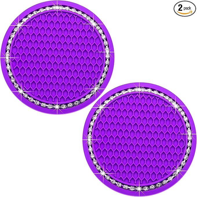2PCS Bling Cup Holder Coaster, 2.75 Inch Auto Car Cup Holder Insert Coasters, Soft Silicone Anti-Slip Shockproof, Universal Vehicle Interior Accessories for Women Girls (Purple & White)
