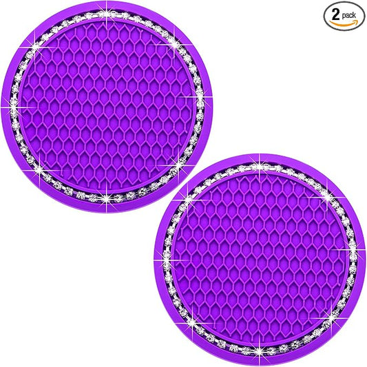 2PCS Bling Cup Holder Coaster, 2.75 Inch Auto Car Cup Holder Insert Coasters, Soft Silicone Anti-Slip Shockproof, Universal Vehicle Interior Accessories for Women Girls (Purple & White)