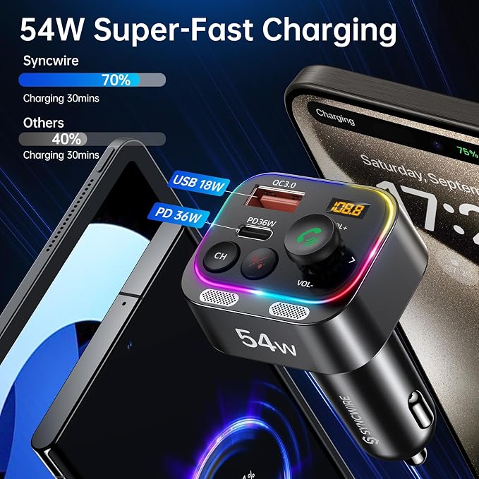 Syncwire Bluetooth 5.4 FM Transmitter Car Adapter 54W with Light Switch | [Stronger Dual Mics] [HiFi Bass Sound] [Fast Charging] Wireless Radio Receiver Hands-Free Calling LED Display