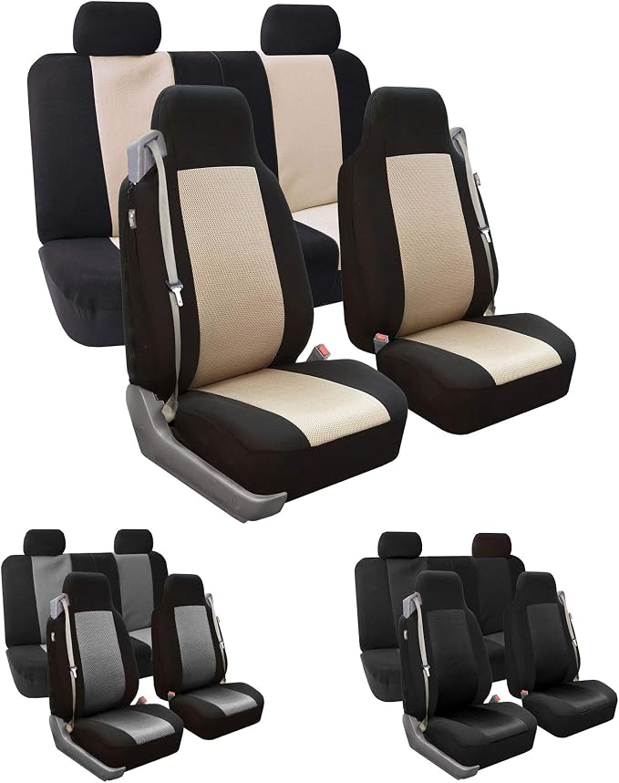 FH Group FH-FB302114 All Purpose Flat Cloth Car Seat Covers Gray/Black Color with F11306 Vinyl Floor Mats- Fit Most Car, Truck, SUV, or Van