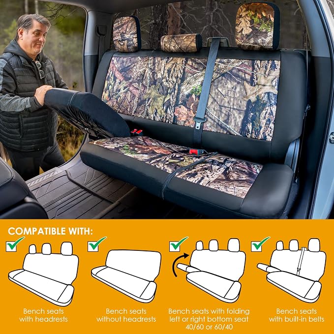 Mossy Oak Camo Truck Bench Seat Cover Fits All Full-Size Silverado F-150 Ram Sierra Titan Tundra Pickup Trucks; Folding Bench or Standard Bench Seats; 70% Polyester, 30% Polyurethane