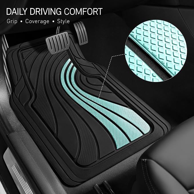 Road Comforts Car Floor Mats Full Set – Front & Rear Car Floor Mats with Aluminum Design, Anti-Slip Backing, All-Weather Protection, Trim-to-Fit Car Mats for Most Sedans, SUVs & Vans - Mint