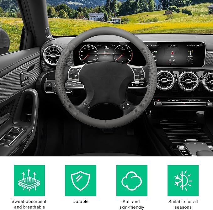 Car Steering Wheel Cover, 15" Breathable Leather Auto Wheel Protector with Comfortable Grip, Non-Slip Perforated Steering Wheel Protective Cover for SUV Truck Sedan Van (Gray)
