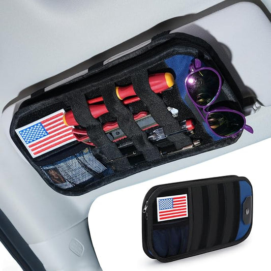 GNEGNI Tactical Car Sun Visor Organizer - Rigid MOLLE Panel Vehicle Storage Pouch with 3 Straps - Car Interior Document and Tool Holder for Truck, SUV, Jeep (13" x 7") (Blue)