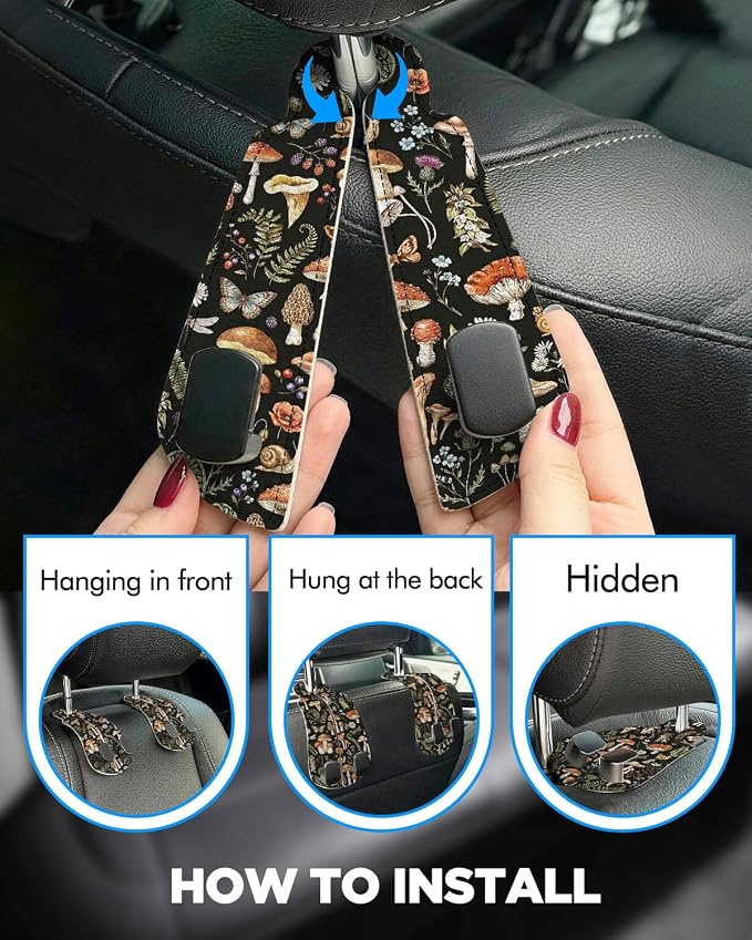 WOCOCN Purse Holder for Car, 2 Pack Heavy Duty Purse Hanger for Car, PU Leather Car Seat Hooks for Purses and Bags, Cute Mushrooms Headrest Organizer for Handbags & Backpacks
