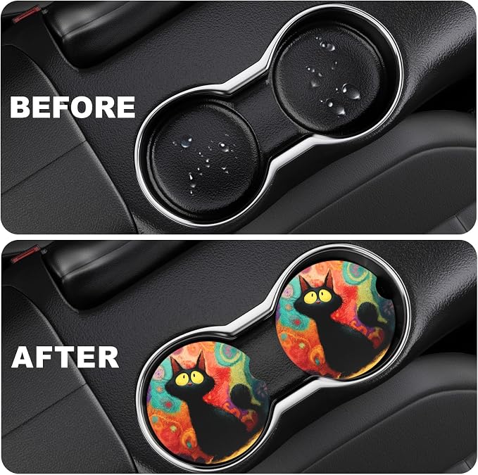 2 Pack Car Cup Holder Coaster, 2.63 inch Anti Slip Insert Absorbent Ceramic Car Coaster with Cork Base and Finger Notch, Cute Car Accessories Interior for Women, Cute Car Coasters.