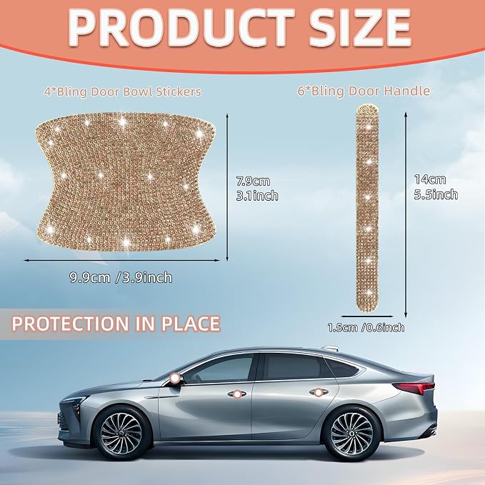 10 pcs Bling Diamond Car Door Handle Stickers, Bling Car Accessories for Women, Universal Rhinestone Crystal Glitter Door Handle Protector Stickers and Decals, Scratch Safety Reflective (Champagne)