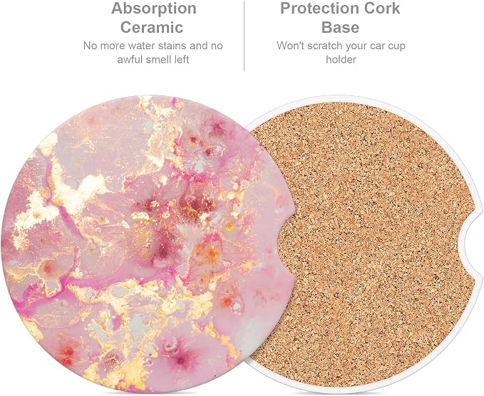 Car Cup Holder Coaster, Car Coasters for Cup Holders, 2 Pack Universal Anti Slip Insert Absorbent Ceramic Auto Interior Accessories with A Finger Notch & Cork Base, Golden Pink Marble