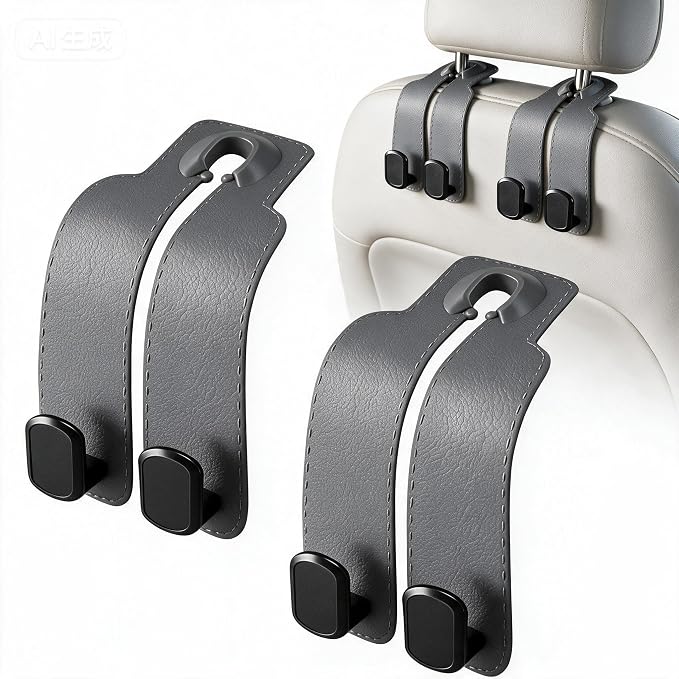 2 Pack Gray Car Headrest Hooks, Universal Car Purse Holder Seat Back Storage Hook, Multifunctional Automotive Interior Organizer for Bags Purses Groceries