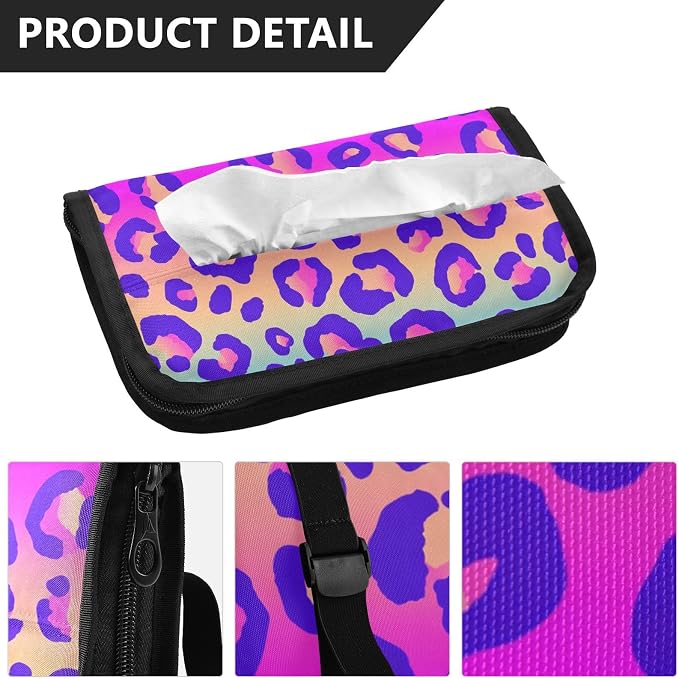 Car Tissue Holder Car Napkin Holder Tissue Box Dispenser Storage Case Sun Visor Mask Holder Accessories with Adjustable Straps Reusable Refillable Neon Gradient Leopard Print