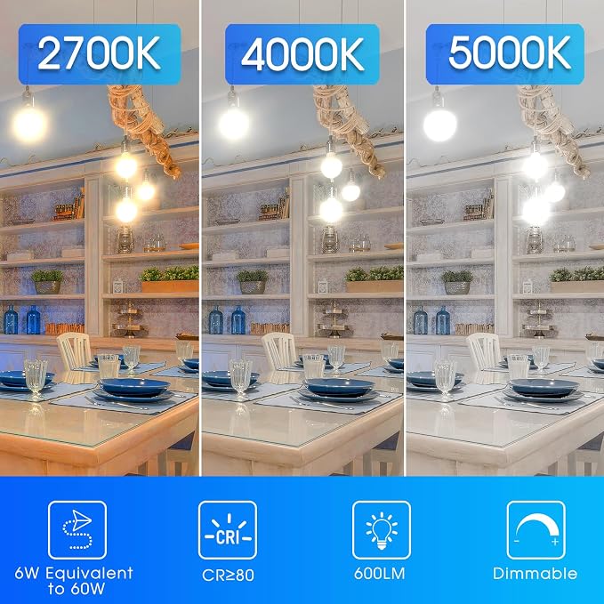 Vanity Globe Light Bulbs G25 LED for Indoor Bathroom Mirror Living Area, 5000K Daylight, Dimmable 600 Lumens, 6W, E26 Base, Round Frosted Classic Ambient Decorative Bulb, ETL Listed, 8-Pack