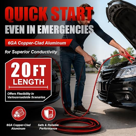 Jumper Cables 6 Gauge 20 Feet,Heavy Duty Battery Booster Cable,Automotive Jumping Wires with Alligator Clamps,Carrying Bag,Safety Gloves and Iron Brush for Cars Trucks