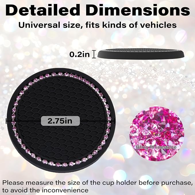 BFXM 4 PCS Bling Cup Holder Coasters for Car, 2.75 inch Diamond Universal Non-Slip Silicone Cup Holder Coasters, Sparkly Bling Car Accessories for Women(Pink Diamond)