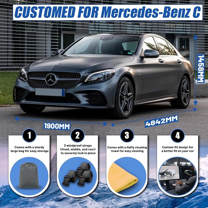 Car Cover Custom Fit for Mercedes Benz C-Class C300/C250/C43 Sedan | (2004-2025),Waterproof All Weather for Automobiles Full Exterior Cover Rain Sun Snow UV Protector.