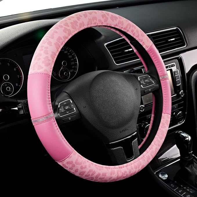 Road Comforts Leopard Steering Wheel Cover for Women, Cute Anti-Slip Microfiber Leather, Universal Fit 14.5-15 Inch Round Steering Wheel - Full Pink
