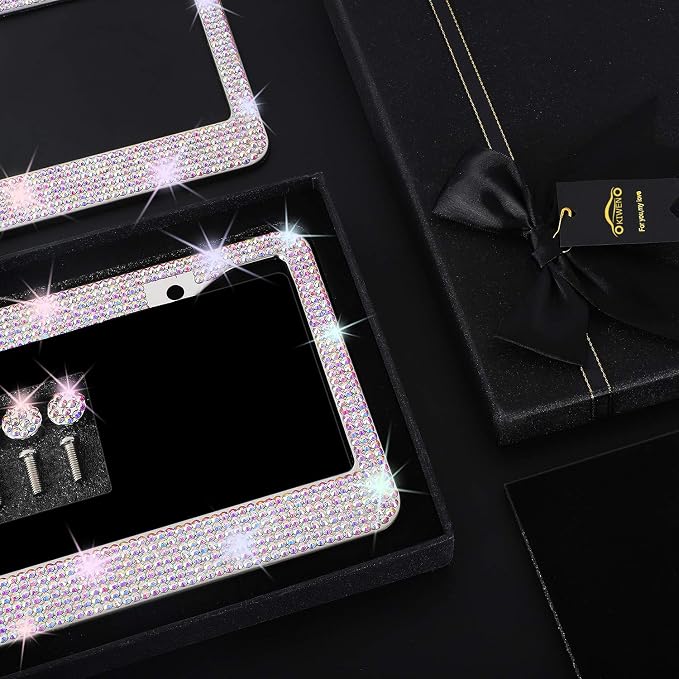 Bling License Plate Frames with High End Ribbon Gift Box,2 Pack Rhinestone License Plate Frame,Handcrafted Crystal Premium Stainless Steel Bling License Plate Frame for Women,Party,Birthday,Xms Gift