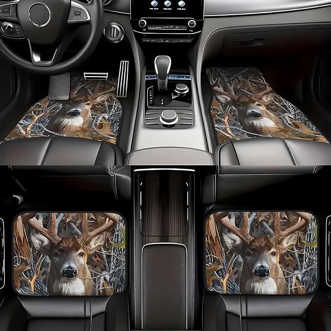 Universal Fit Car Floor Mats Set of 4Pcs, Deer and Autumn Leaves All-Weather Front Rear Car Carpet Mats, Non-Slip Car Floor Mat Car Accessories for Automotive Trucks SUV Sedans Vans