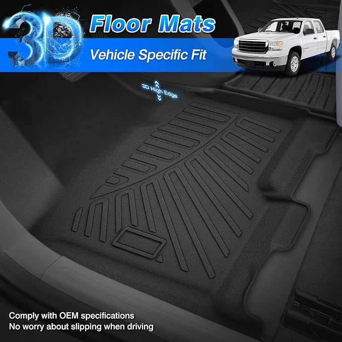 Silverado Floor Mats - Car Mats for Chevy Silverado 2007-2013 & GMC Sierra 1500 Crew Cab, Silverado/Sierra 2500/3500 Crew Cab, All Weather Floor Mat for Silverado Accessories, Heavy Duty Rubber Mats