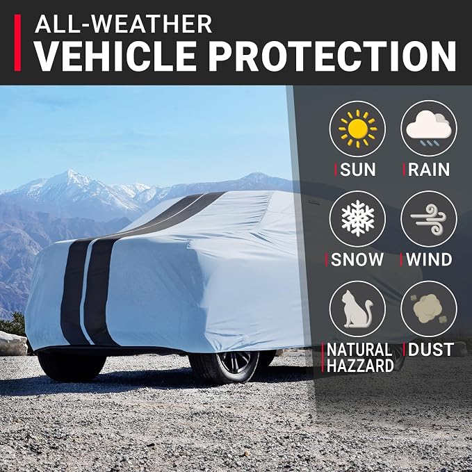 iCarCover Premium Heavy Duty Truck Car Cover - Waterproof All Weather Rain Snow UV Protection, Ram 1500, 2500, 3500, Mega cab 6'4" Standard Bed, Size T89 (See Size Chart), Stripe - Gray/Black