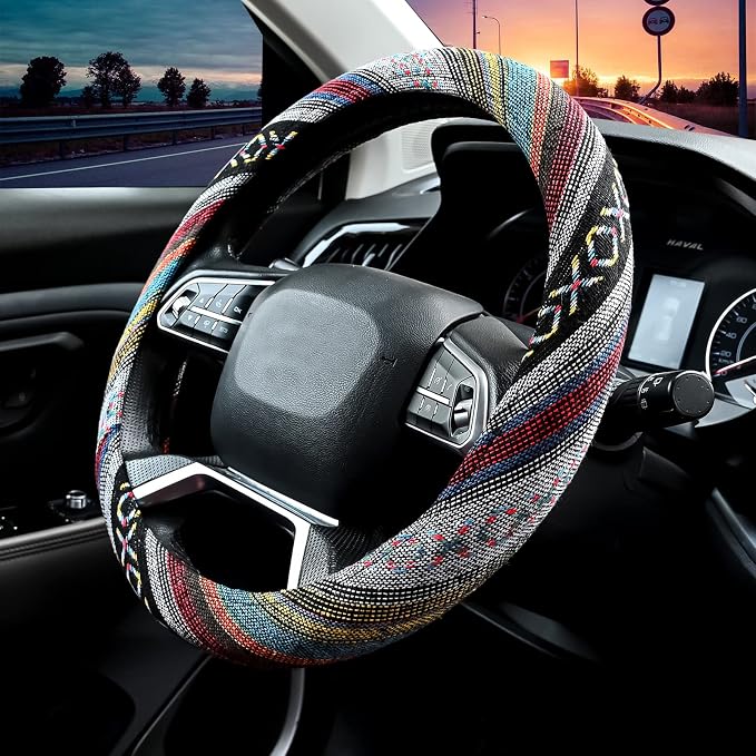 Valleycomfy Boho Steering Wheel Covers for Women Cloth Bohemian Universal | 15 inch Baja Blanket Enthic Grey