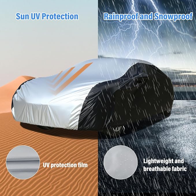 Car Cover Waterproof All Weather, Coverado Outdoor Full Car Covers with Invisible Zipper Mirror Pocket, Rain Sun UV Wind Protection Car Covers for Automobiles Universal Fit for Camaro,etc (183"-193")
