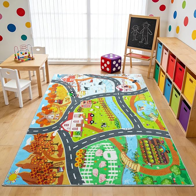Car Rug Play Mat for Kids Toy Cars, 4' x 5' Town Country Barn Track Road Carpet, Non-Slip Machine Washable Rugs Four Seasons Farm Theme Traffic Mat for Kids Room Bedroom Game Safe Area