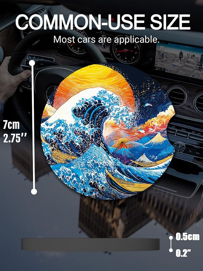 WOCOCN Cute Cup Holder Coasters for Your Car with Fingertip Grip, Auto Accessories for Women & Men,Pack of 2 (Waves)