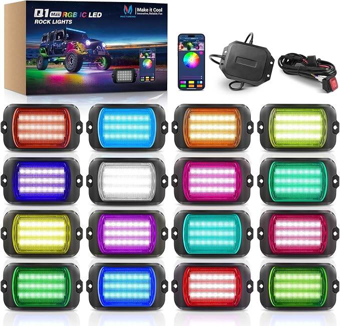 MICTUNING Q1 MAX RGB+IC Chasing Color Ultra-Bright Rock Lights 12 Pods Kits | 1000% Brighter 24 Light Chips Per Pod, Switch Wiring Kit, Aluminum Housing, IP68 Waterproof, Series/Parallel, Up to 24 Pods