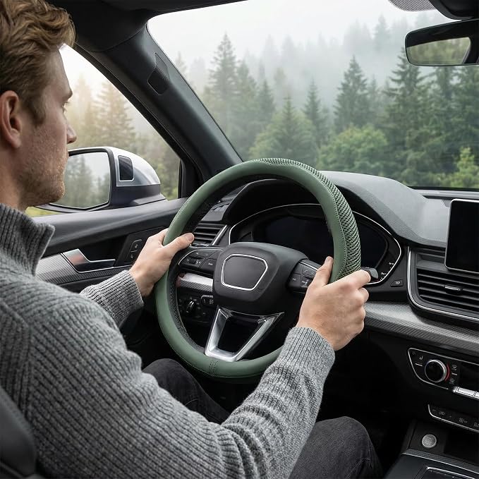 Car Steering Wheel Cover, Universal 15 inch, Green | Microfiber Leather, Breathable Technology Fabric, Non-Slip, Comfortable, Warm in Winter and Cool in Summer