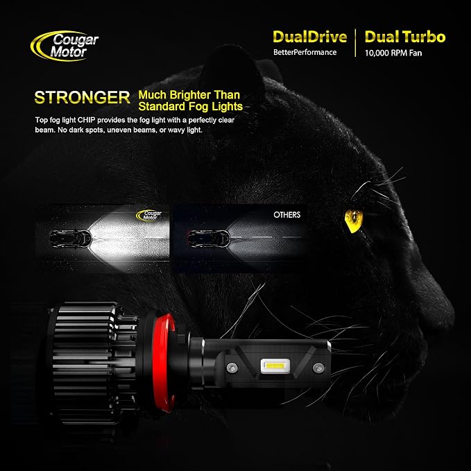 Cougar Motor H11 Bulbs, H8 H9 Light Bulb K16 Series 6000K White Plug and Play Fog Light IP67 Waterproof Driving Light Bulbs - Pack of 2