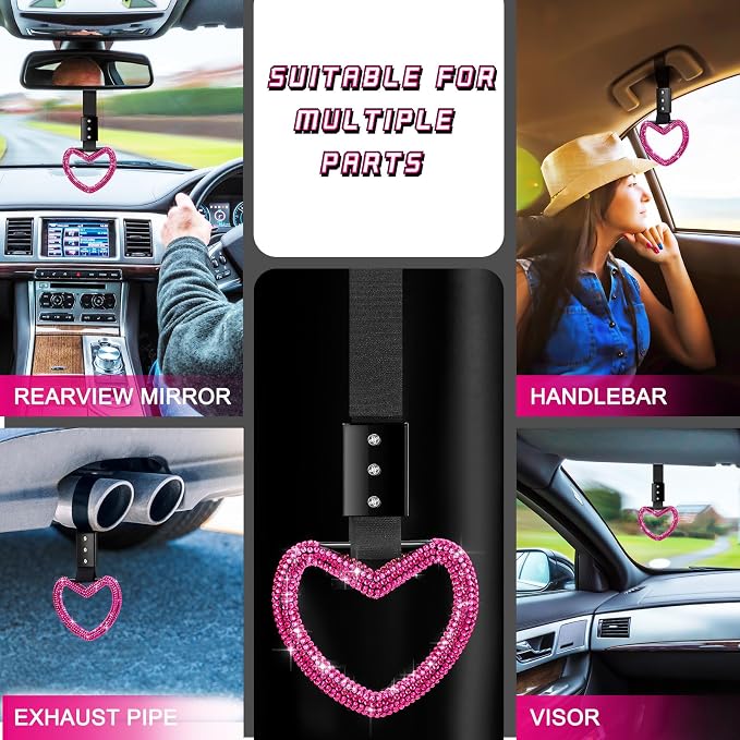 Fabbay Bling Car Accessories Bling Heart Handle Ring Car Accessory for Women Hearts Hand Strap Drift Charm Rear Bumper Warning Ring Decor for Auto Interior Exterior Decoration(Hot Pink,Heart Style)