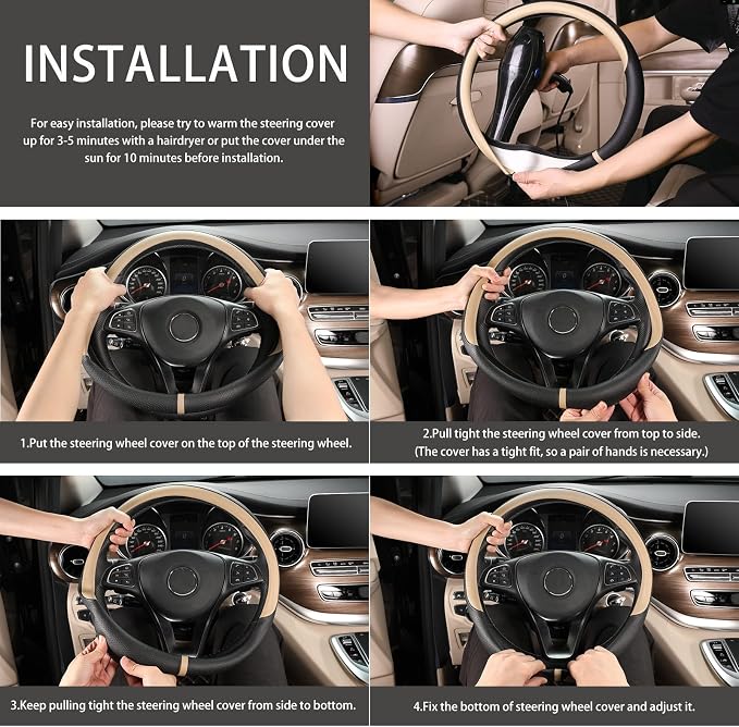 COFIT Breathable Car Steering Wheel Cover 16 inch Auto Universal Leather Wrap Non-Slip Steeringwheel Protector Automotive Interior Accessories, Beige (Suit for 15 1/2-16 inch)
