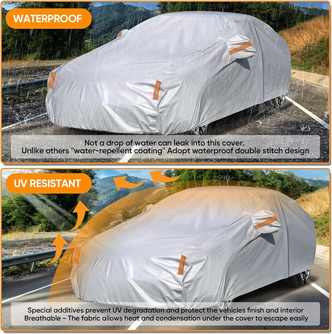 NEVERLAND Sedan Car Cover Waterproof Heavy Duty All Weather Protection Snow Anti-UV Windproof Outdoor Full Car Cover Fit for Automobiles BMW/Mercedes-Benz/Honda (172-183 inch)