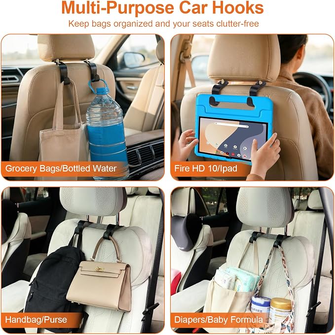 EZ COZY Purse Hook for Car 4 Pack, Deep Anti-Drop Car Seat Hooks for Headrest, Thick ABS Plastic Holds 55 Lbs, Heavy Duty Car Purse Holder & Car Accessories Interior for Handbags, Car Organizer Black