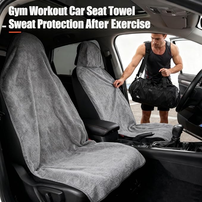 Waterproof 2 Pack Car Seat Towel Covers(Grey, 2 Pcs) | Non-Slip Sweat Absorbent, Universal Fit Front Bucket Seat Cover, Washable Towel Seat Protector